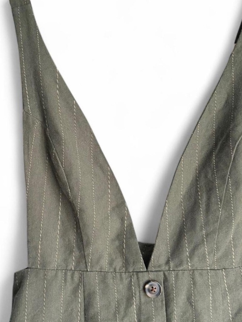 Hayden Jumper Pinafore Olive Green Pinstripe Overall Dress Buttons 100% Cotton - Picture 12 of 14
